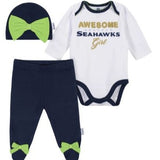 Baby Girls Seattle Seahawks 3-Piece Bodysuit, Pant, and Cap Set