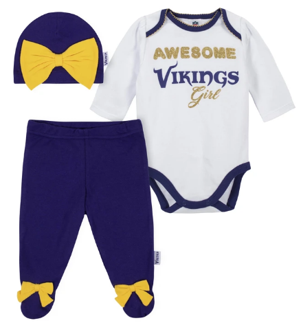 Baby Girls Minnesota Vikings 3-Piece Bodysuit, Pant, and Cap Set